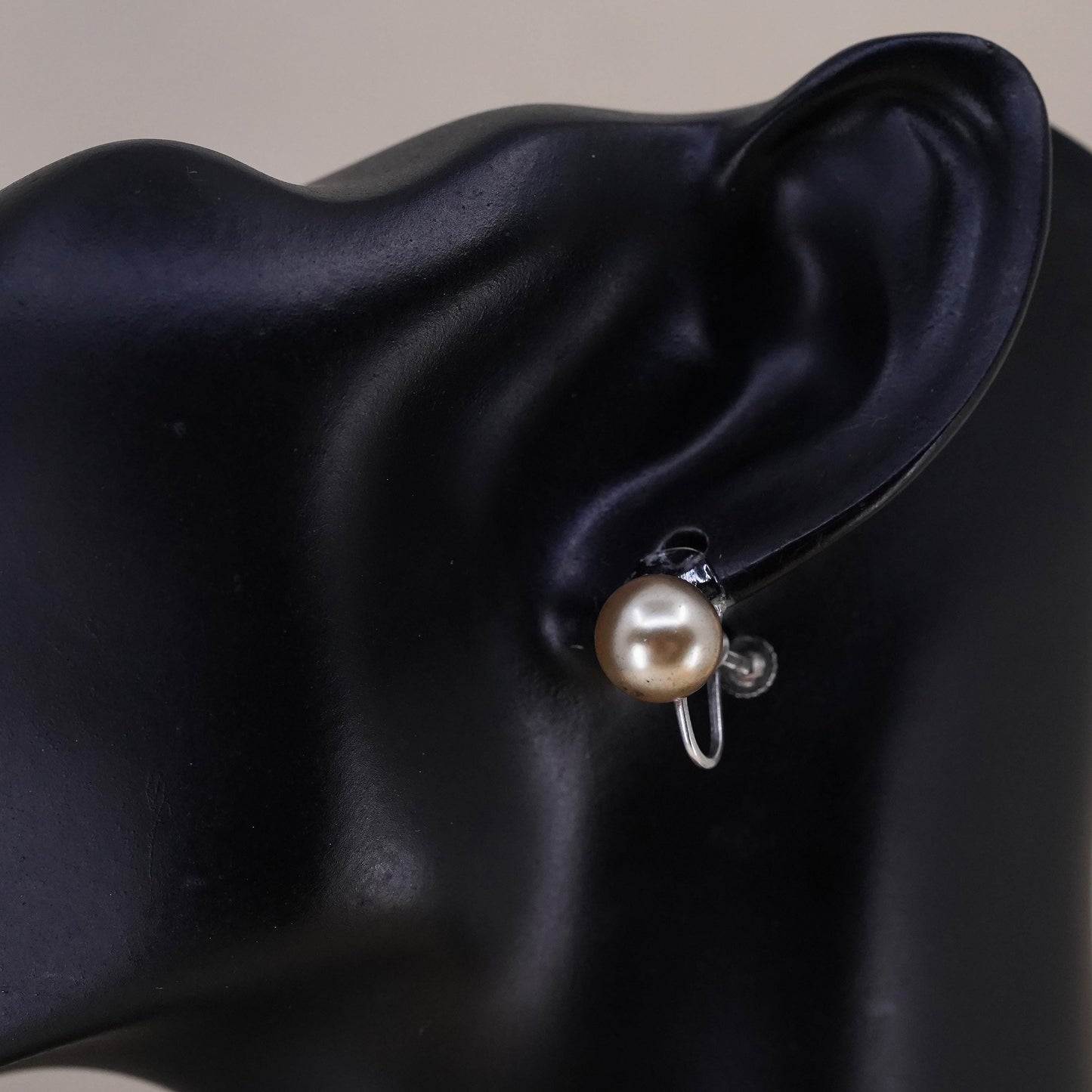 Vintage sterling 925 silver handmade earrings screw back with faux pearl
