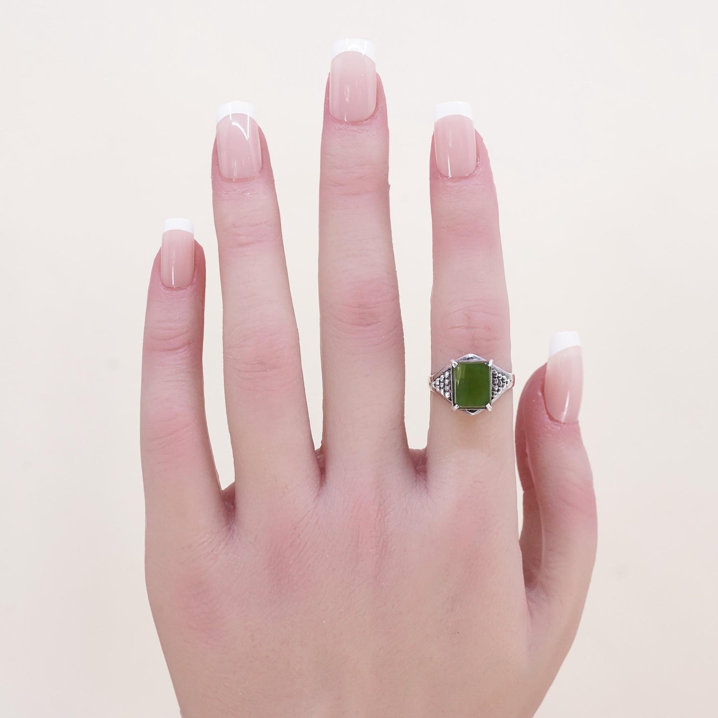Size 6, Vintage handmade sterling silver statement ring with jade and beads