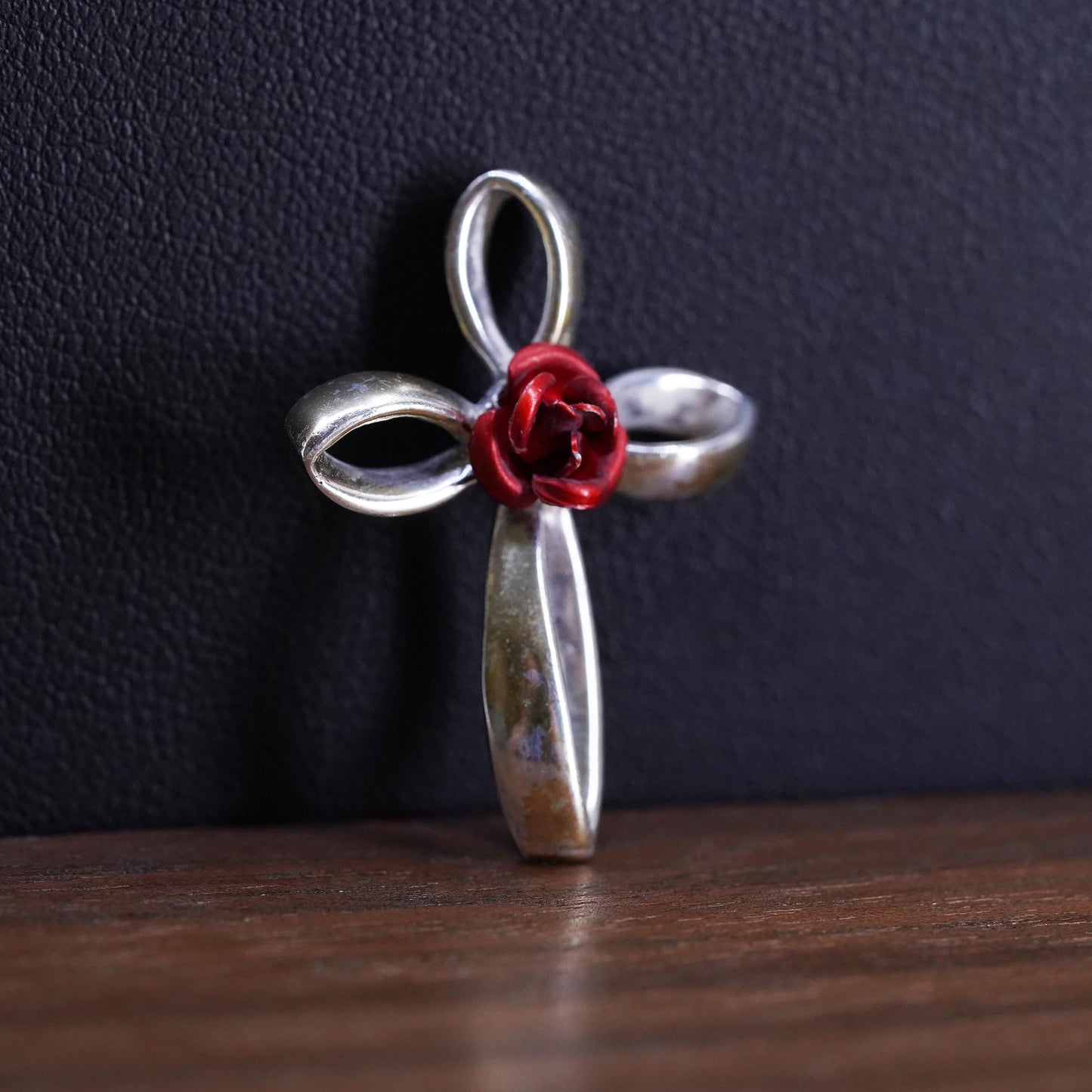 Vintage Sterling silver handmade pendant, 925 cross with rose flower