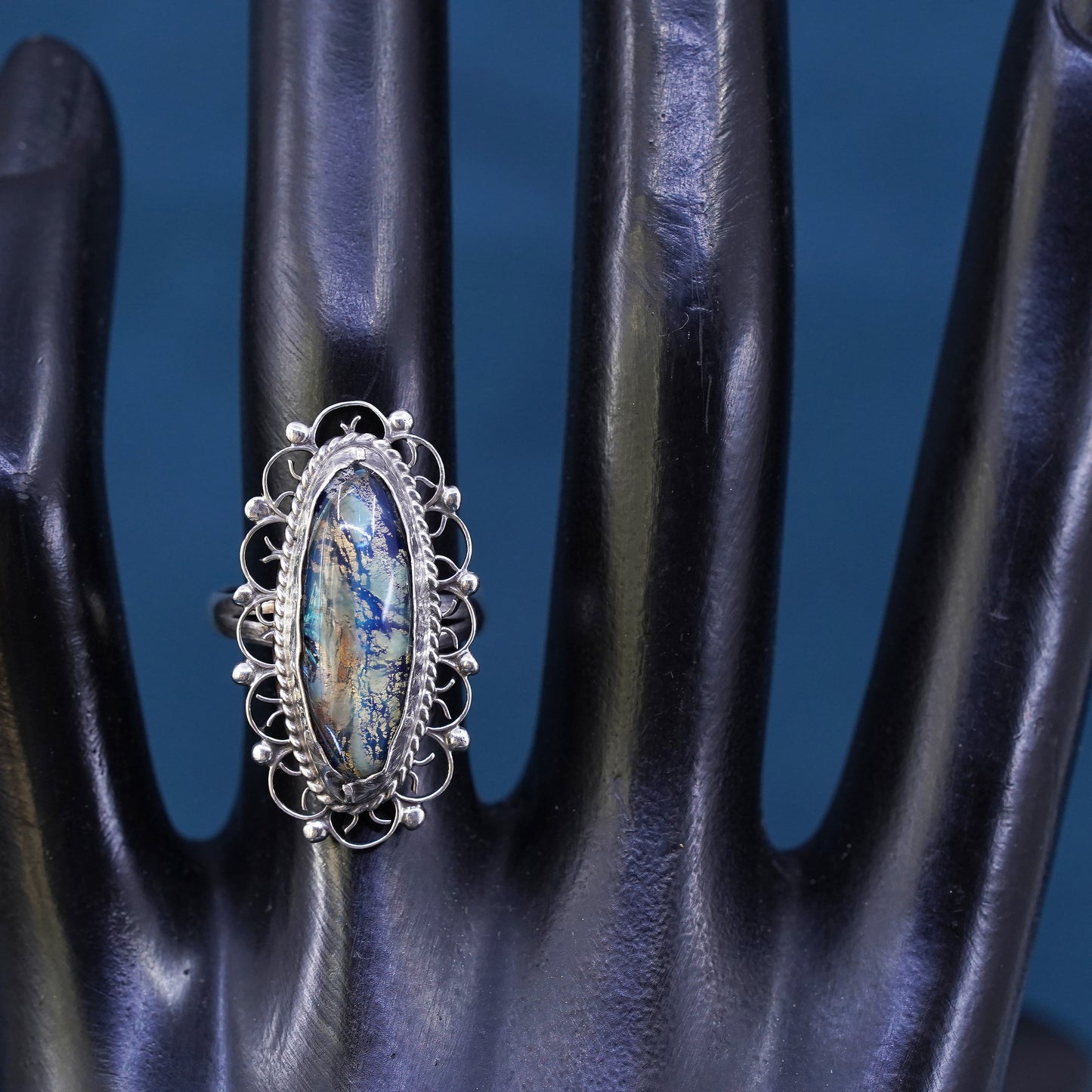 Size 6, vintage Mexico Sterling 925 silver handmade ring w/ golden foiled glass