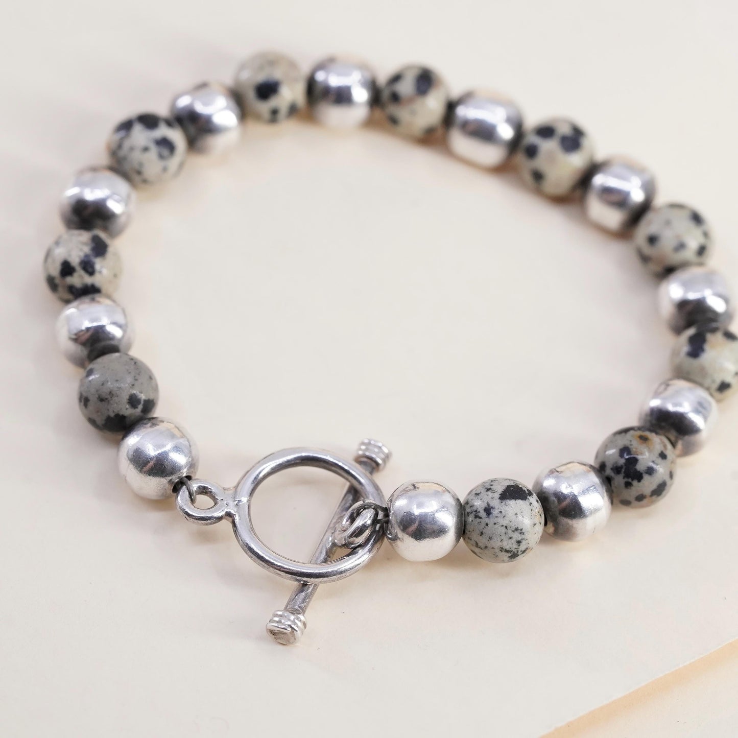 6.5”, Sterling Silver 925 Dalmatian Jasper Bead Bracelet, Spotted Jasper Beaded