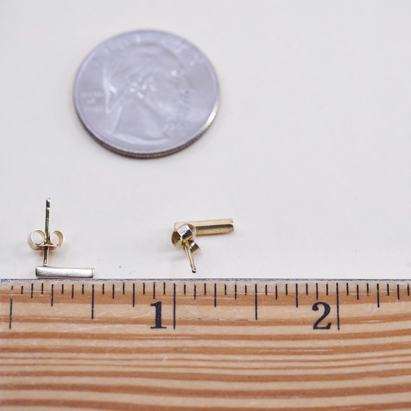 Vintage minimalist Yellow Gold Plated Sterling silver earrings, 925 bar studs