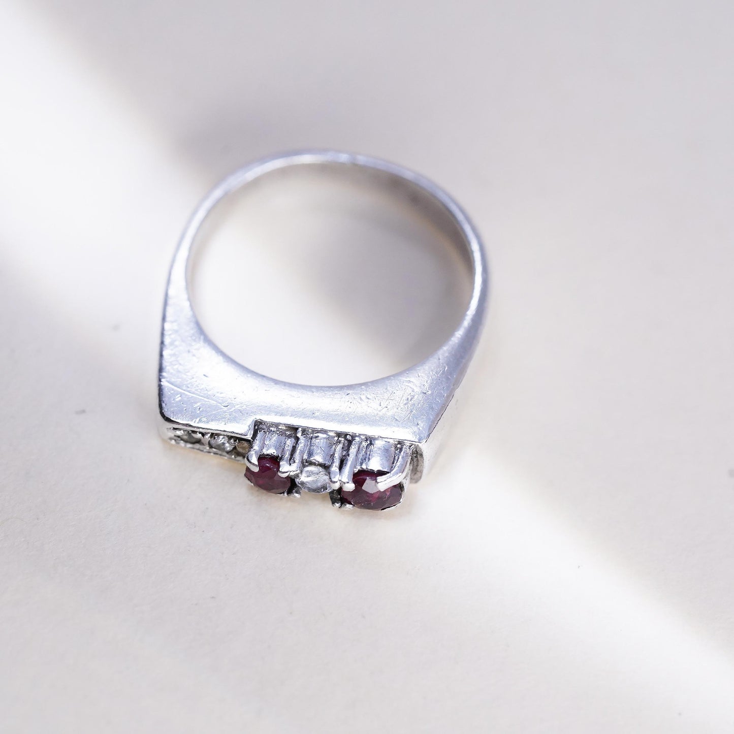 Size 6, Vintage sterling silver handmade ring, 925 stackable band with ruby cz