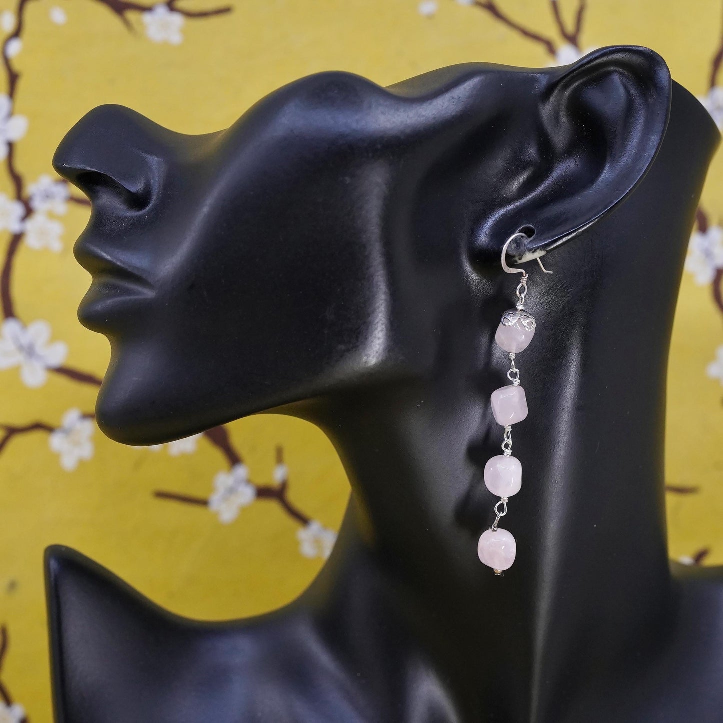 Vintage Sterling 925 silver handmade earrings with pink rose quartz