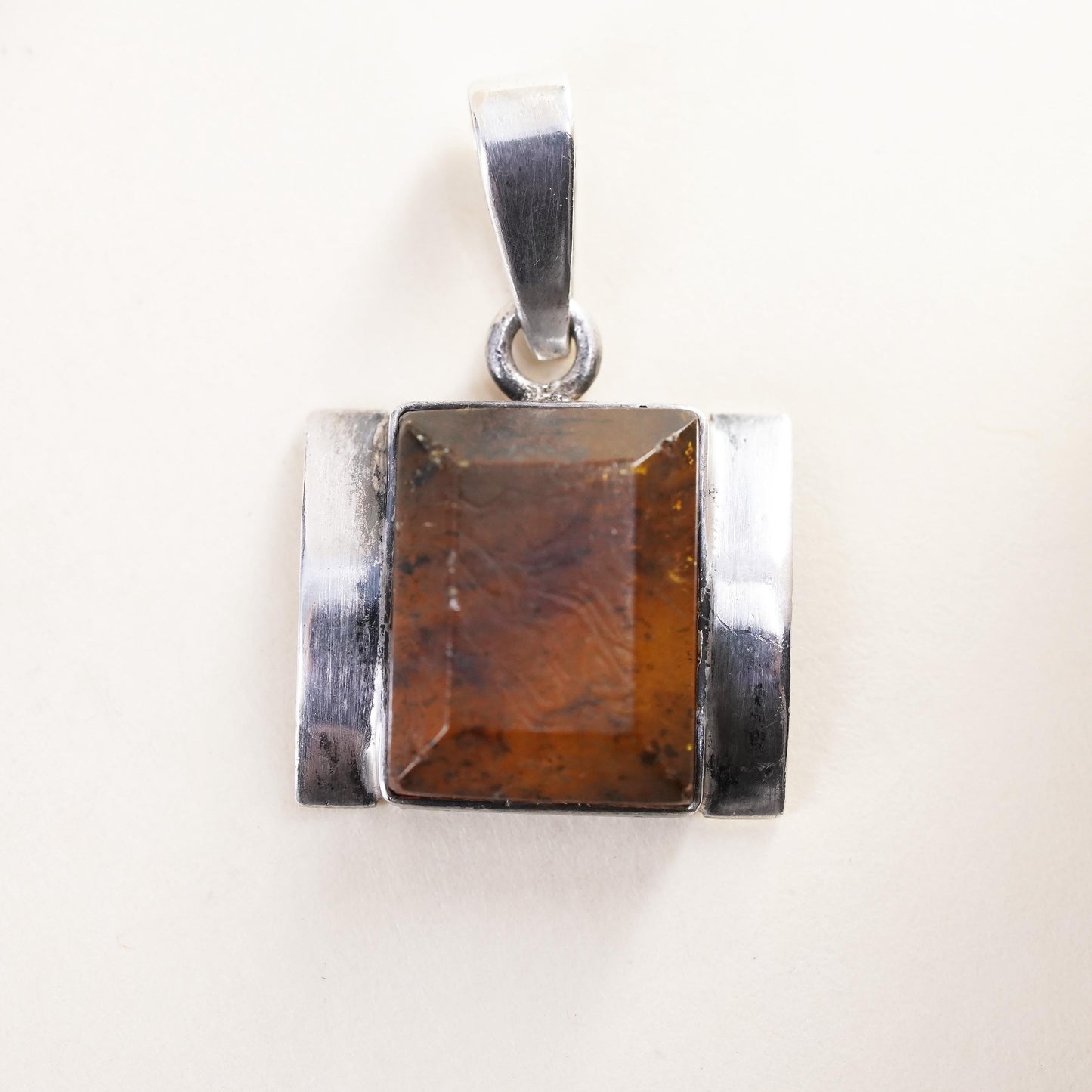 Vintage sterling 925 silver handmade square pendant with amber