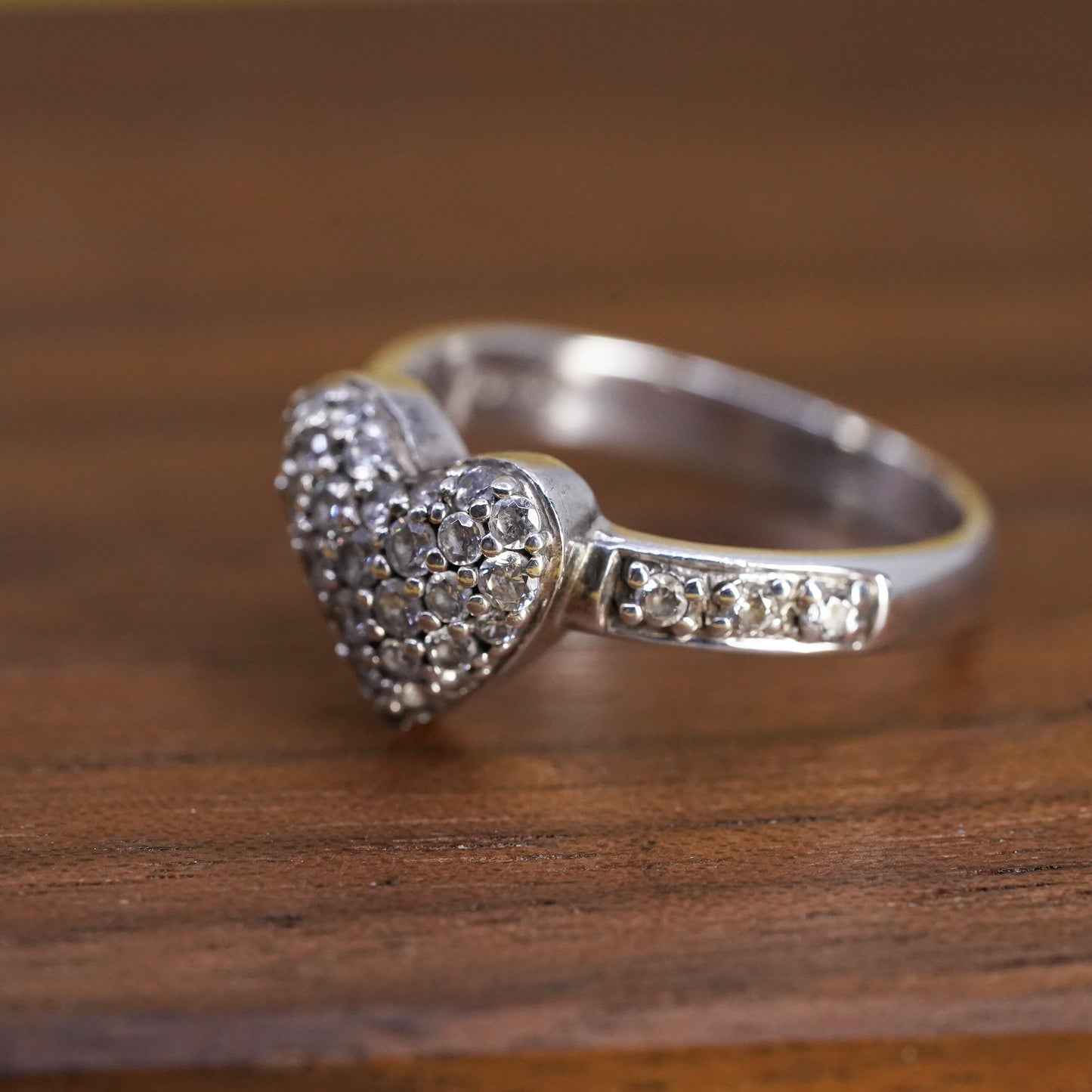 Size 6.5, vintage Sterling 925 silver heart ring with cluster cz