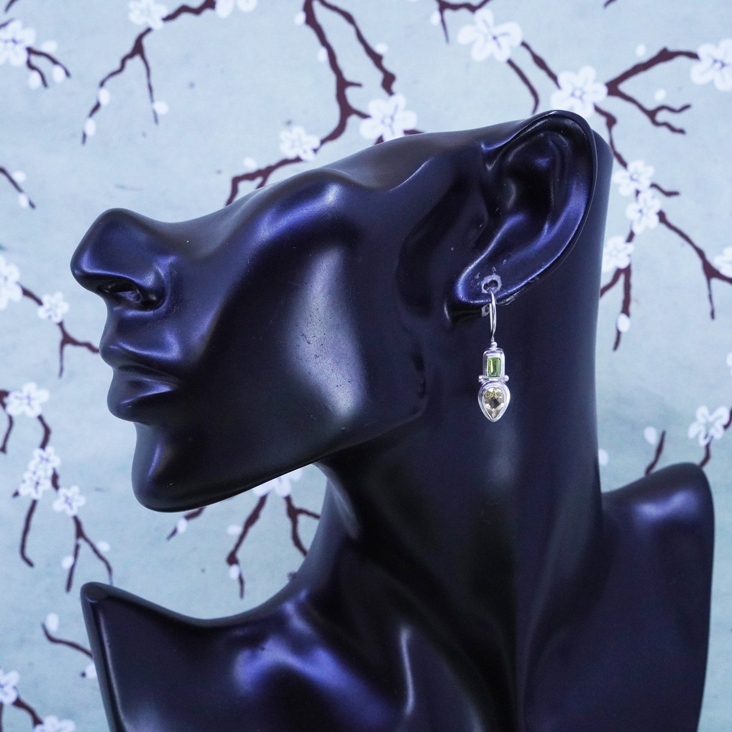 Vintage sterling 925 silver handmade earrings with citrine peridot