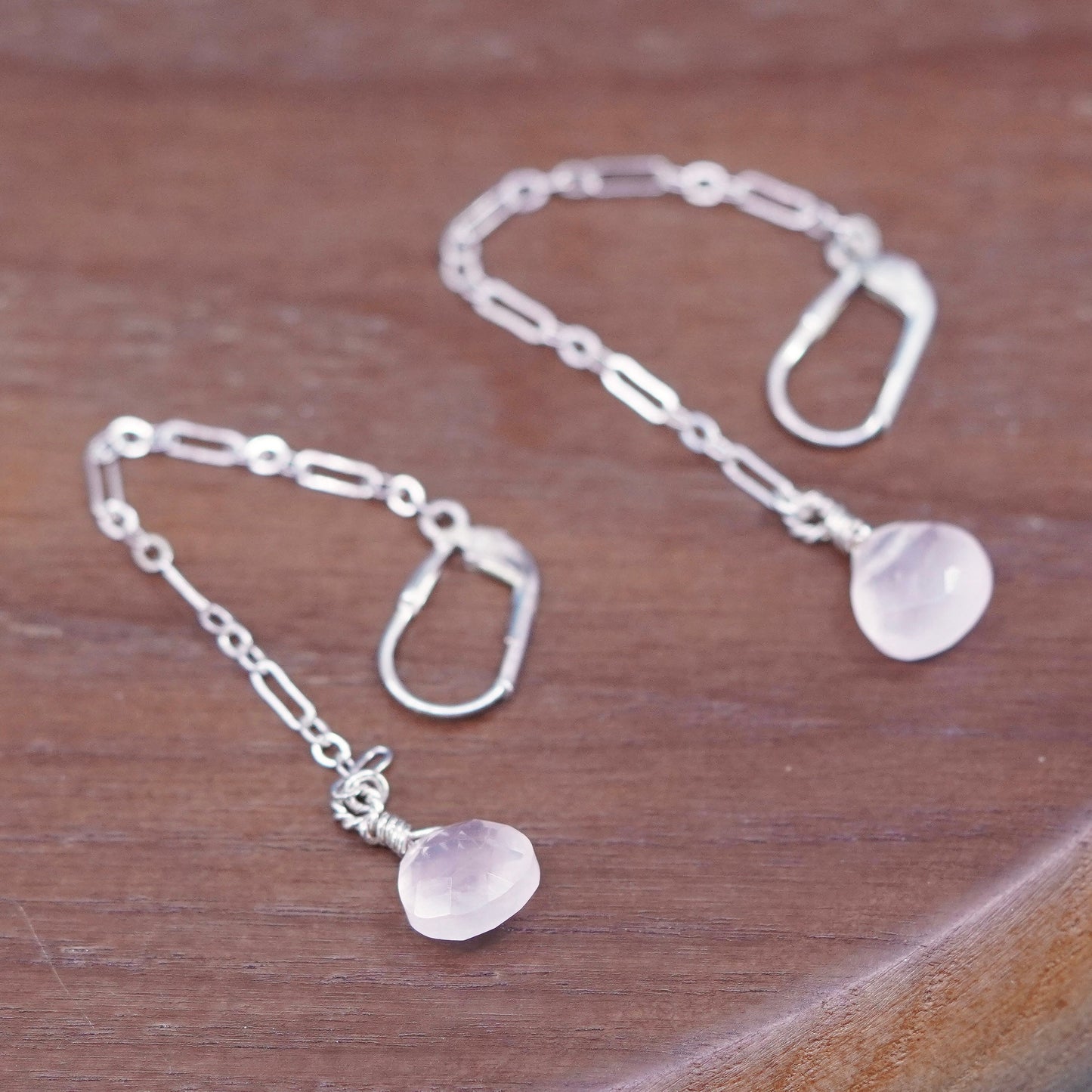 sterling silver handmade earrings, 925 chain drop w/ teardrop pink rose quartz