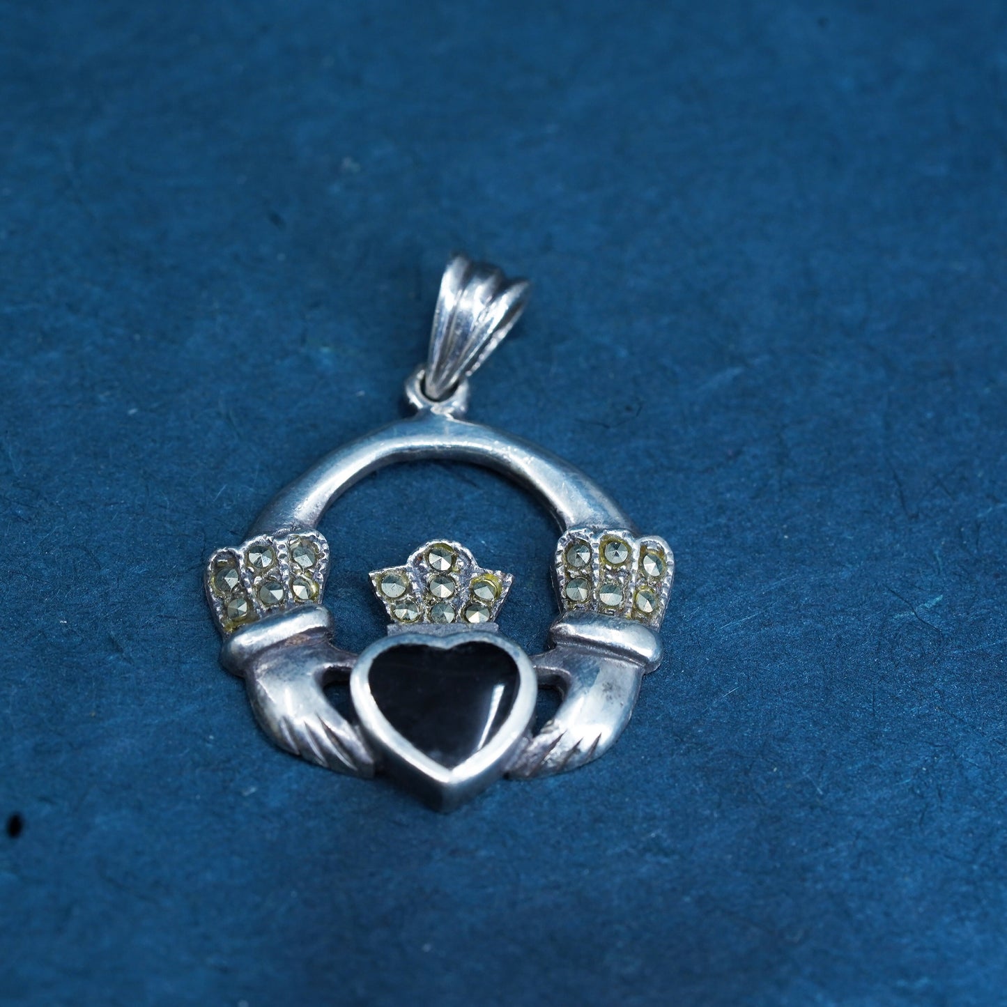 Sterling silver pendant onyx marcasite, 925 Irish claddagh holding heart charm