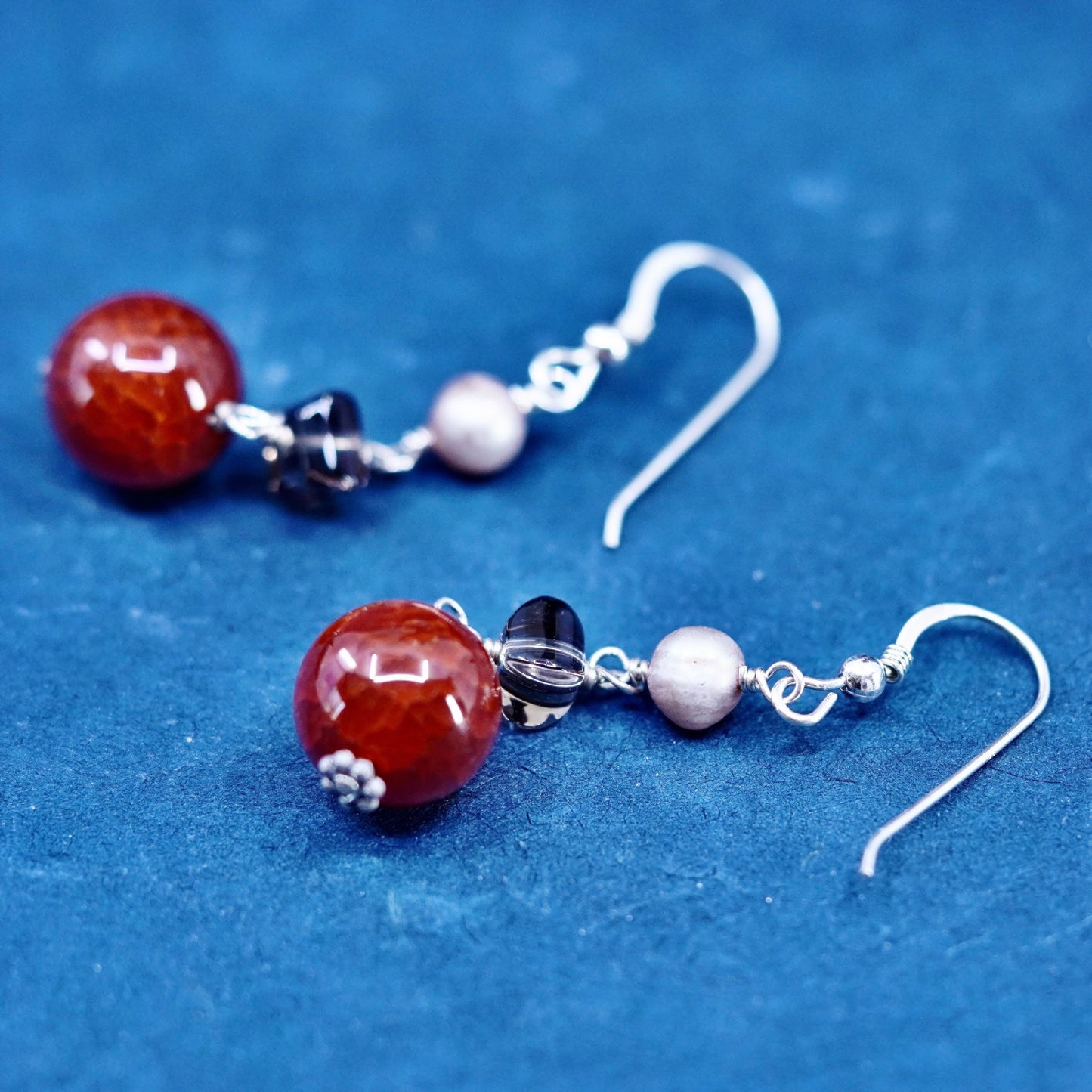 Vintage Sterling 925 silver handmade earrings with carnelian and smoky crystal