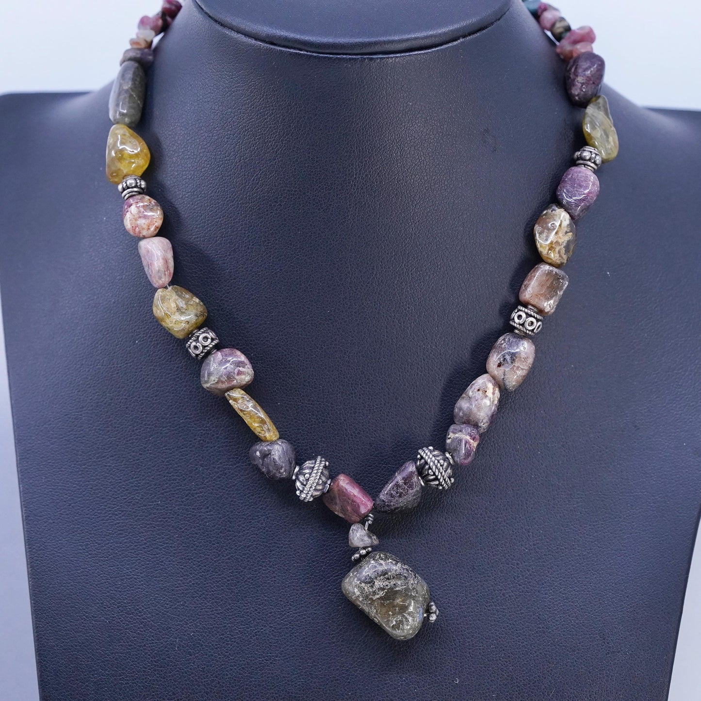 14” Vintage Sterling 925 Silver Handmade Jasper beads necklace nugget pendant