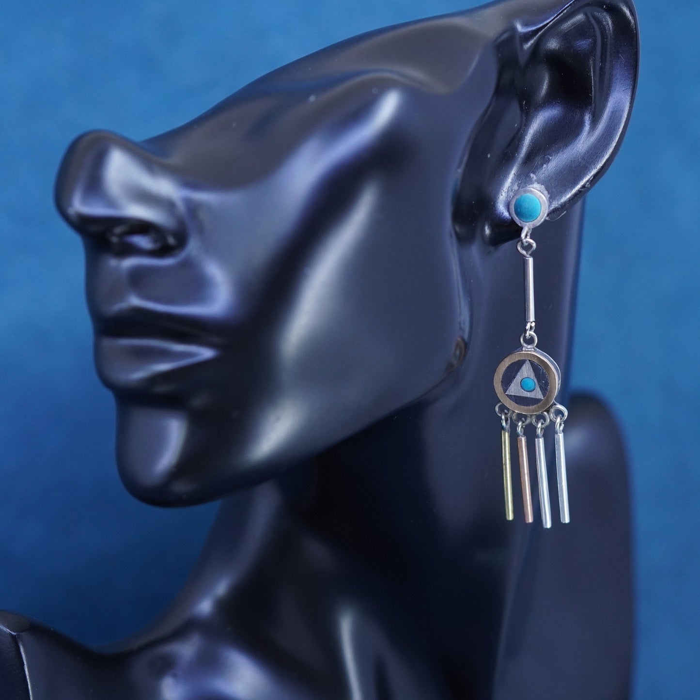taxco Mexican Sterling silver 925 Piedra Negra dangle inlay earrings fringe