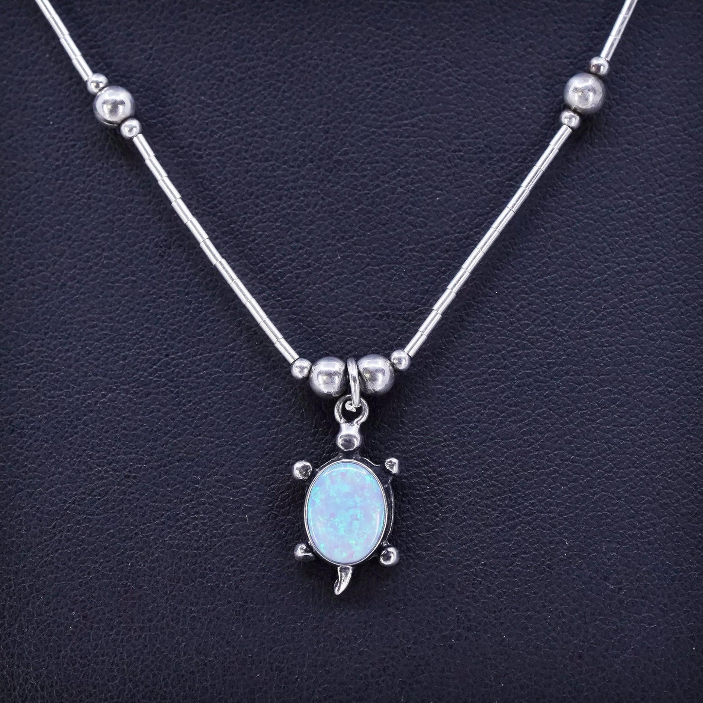 16”, Native American Sterling 925 liquid silver necklace opal turtle pendant