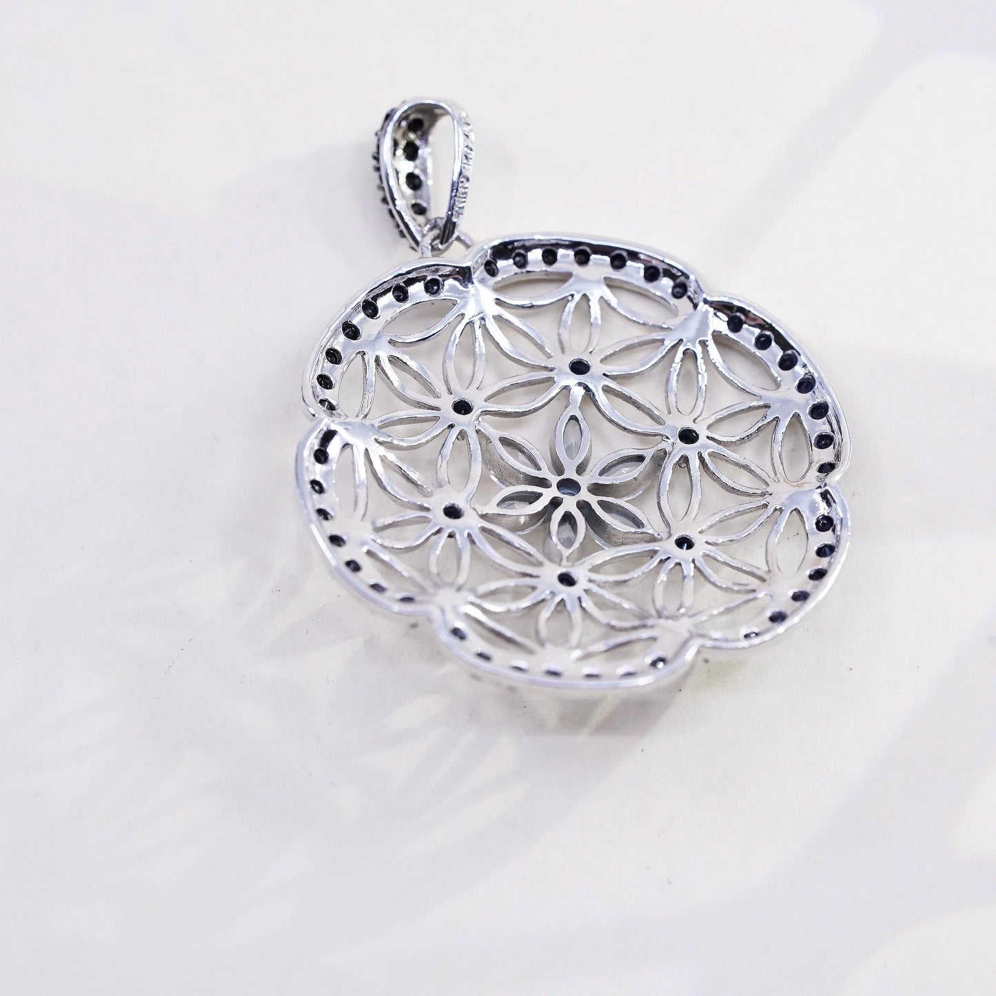 two tone sterling 925 silver filigree round pendant cluster clear CZ and spinel