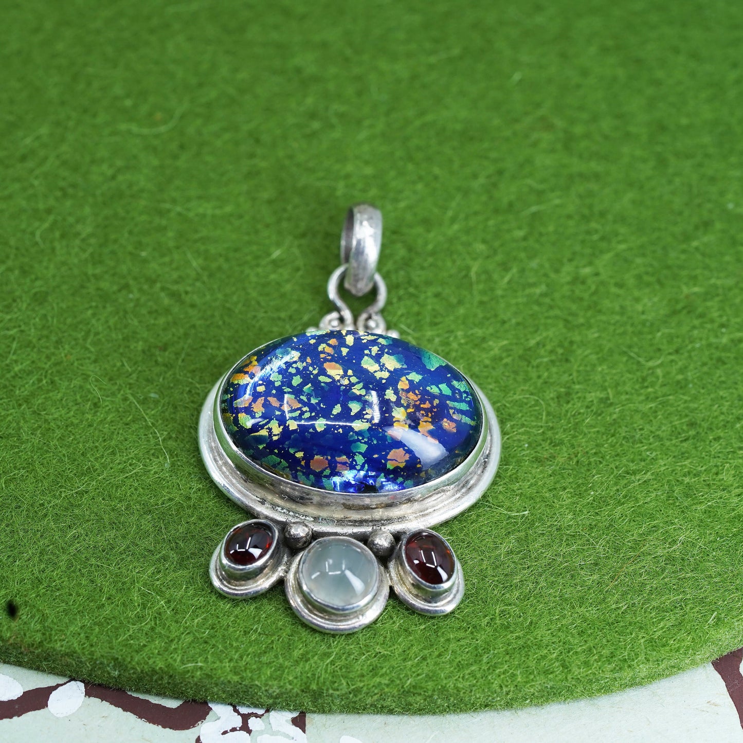Mexico sterling silver with square dichroic foiled glass pendant garnet details