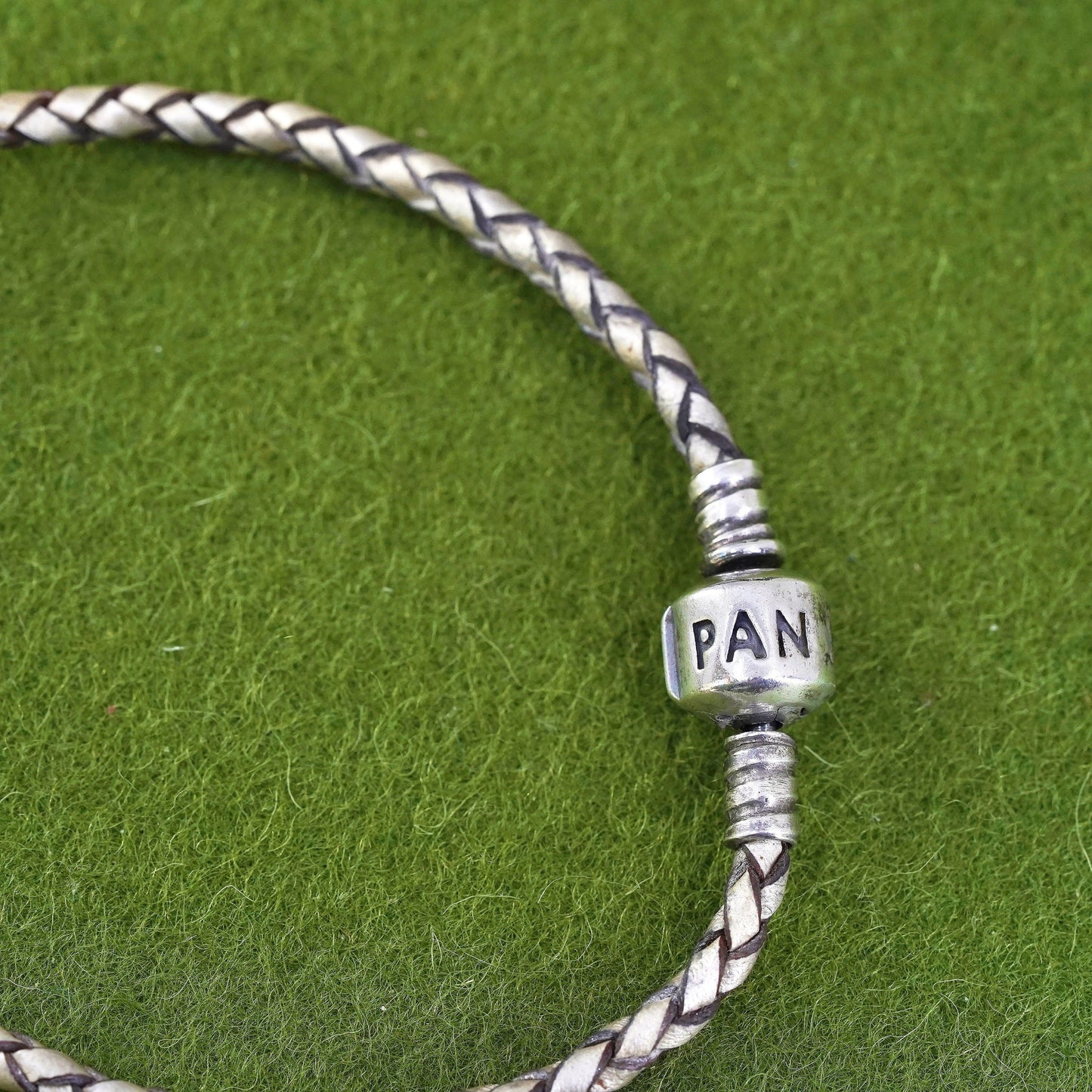 7.25", VTG Pandora woven leather chain, 925 sterling silver closure bracelet