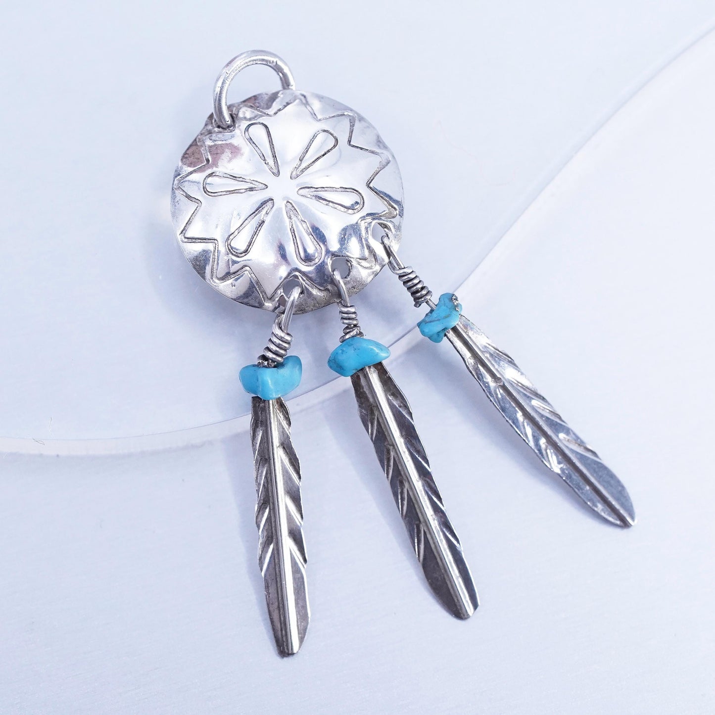 Native American sterling 925 silver circle pendant feather dangles turquoise