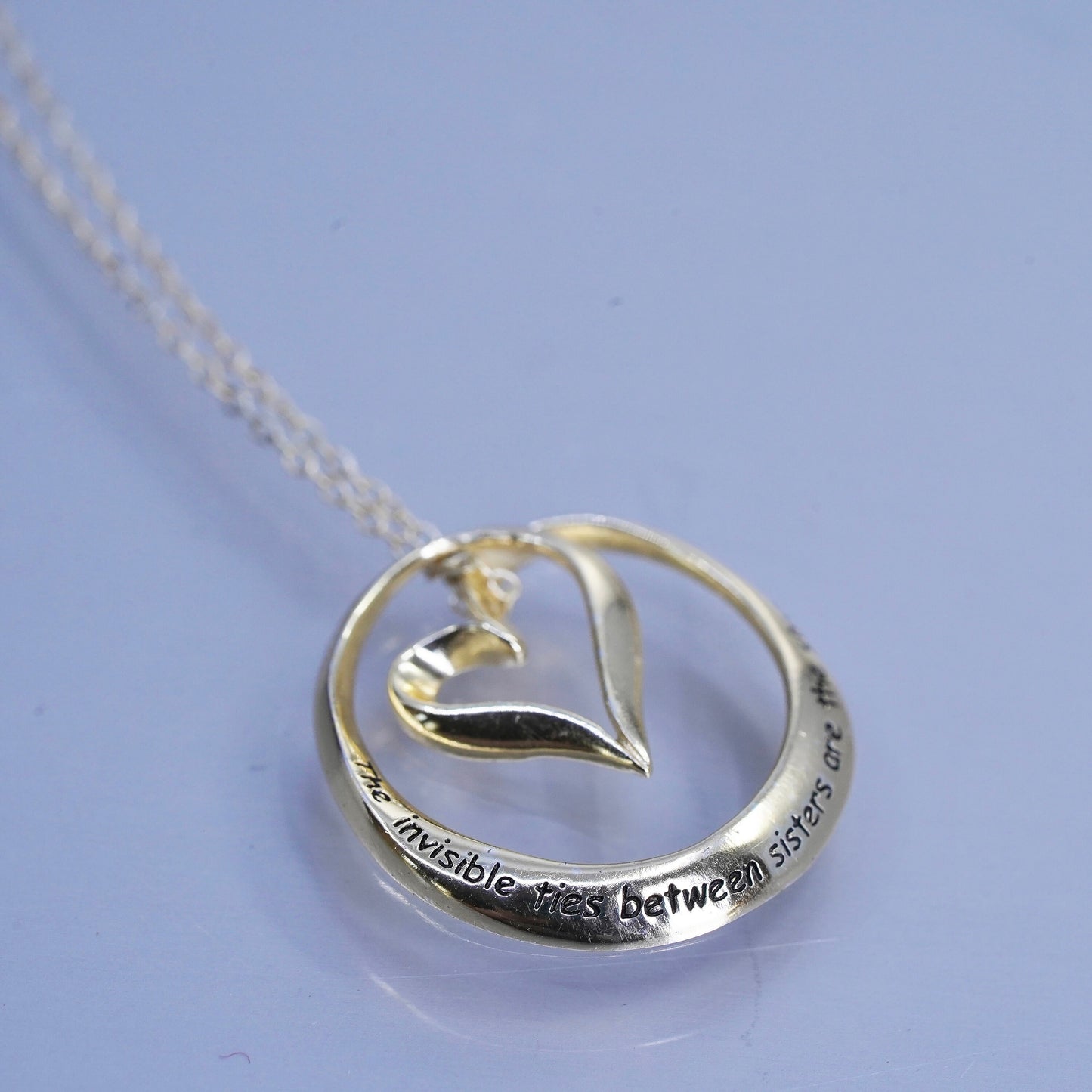 18”, vermeil gold Sterling 925 silver necklace heart pendant ties sisters