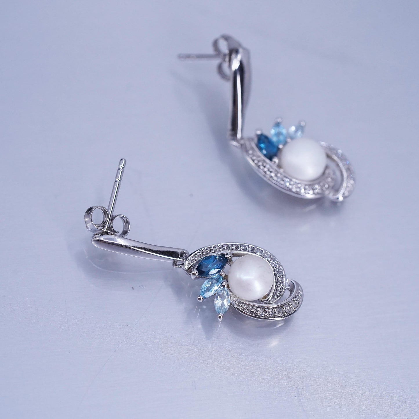 Vintage Sterling 925 silver handmade earrings with pearl topaz and diamonds