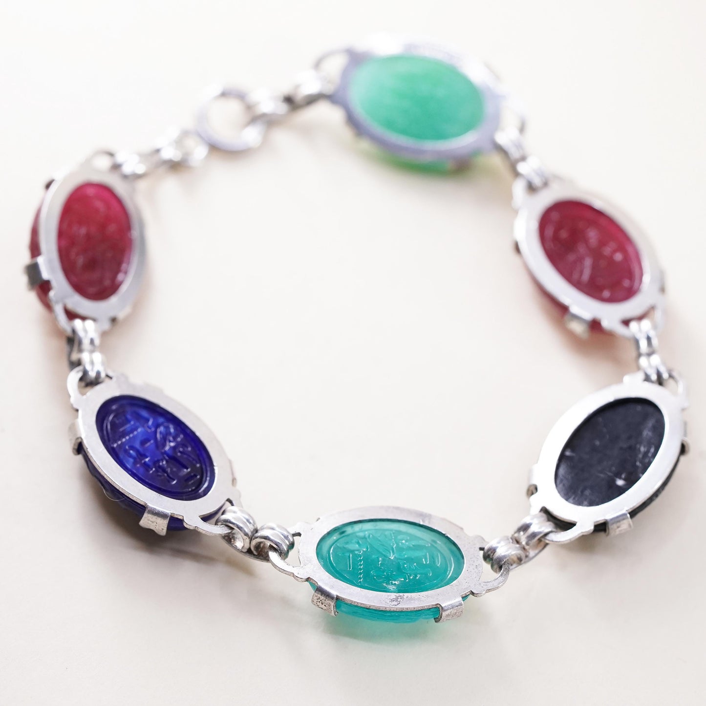 7”, vintage sterling 925 silver handmade bracelet with carved jade carnelian