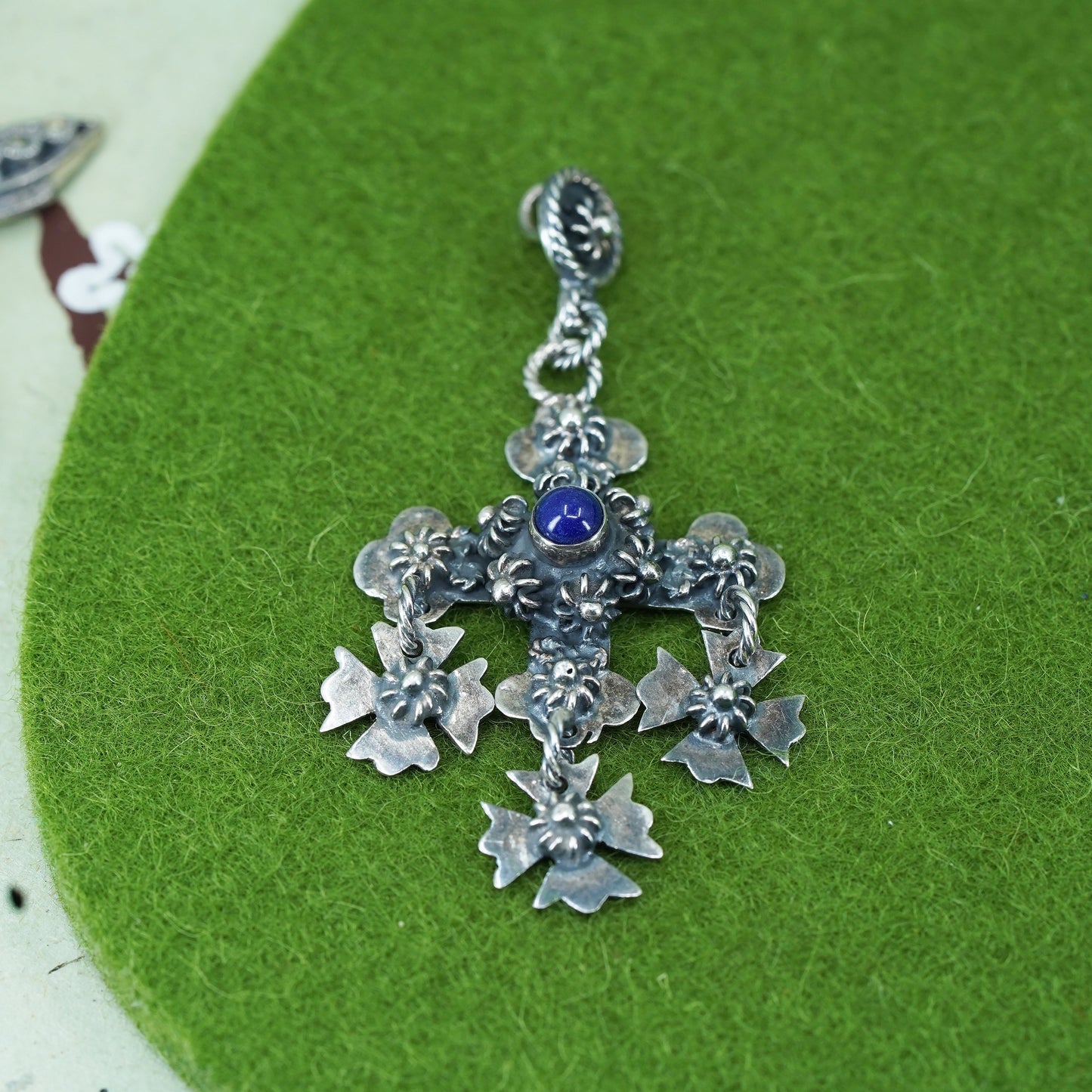 Taxco Mexico sterling Silver 925 Jerusalem cross Pendant floral dangles onyx
