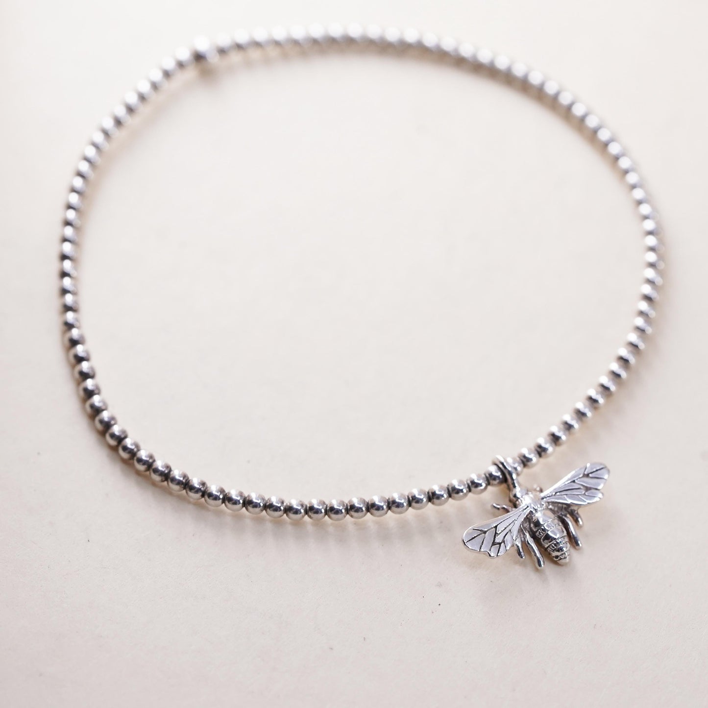 6.75", sterling silver stretchy band bracelet, 925 beads chain with bee charm