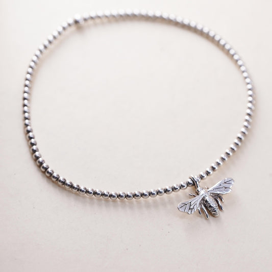6.75", sterling silver stretchy band bracelet, 925 beads chain with bee charm