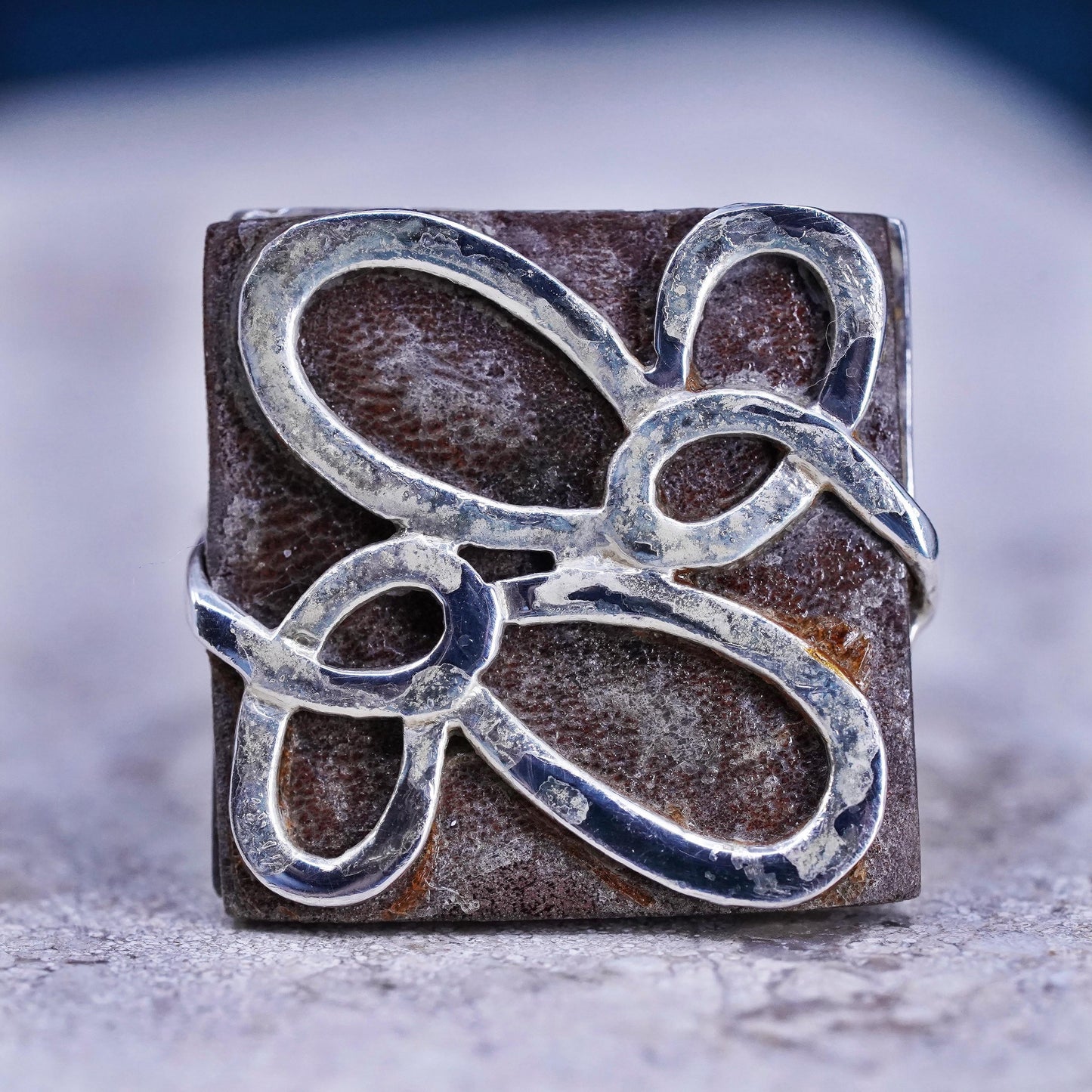 Size 7, vintage Sterling 925 silver handmade square ring w/ abstract butterfly