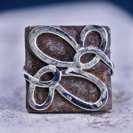 Size 7, vintage Sterling 925 silver handmade square ring w/ abstract butterfly