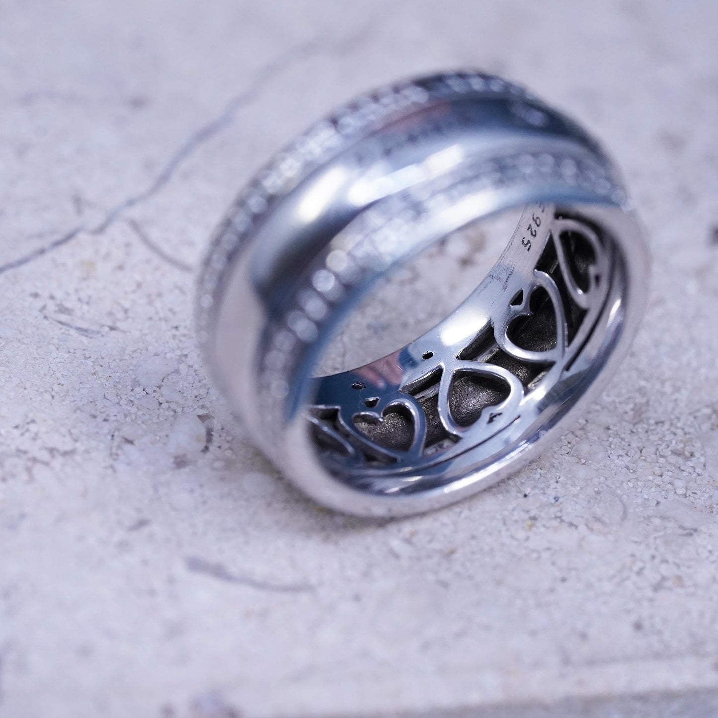 Size 6.25, VTG BGE Sterling 925 silver ring with crystal around, “Janice and TY