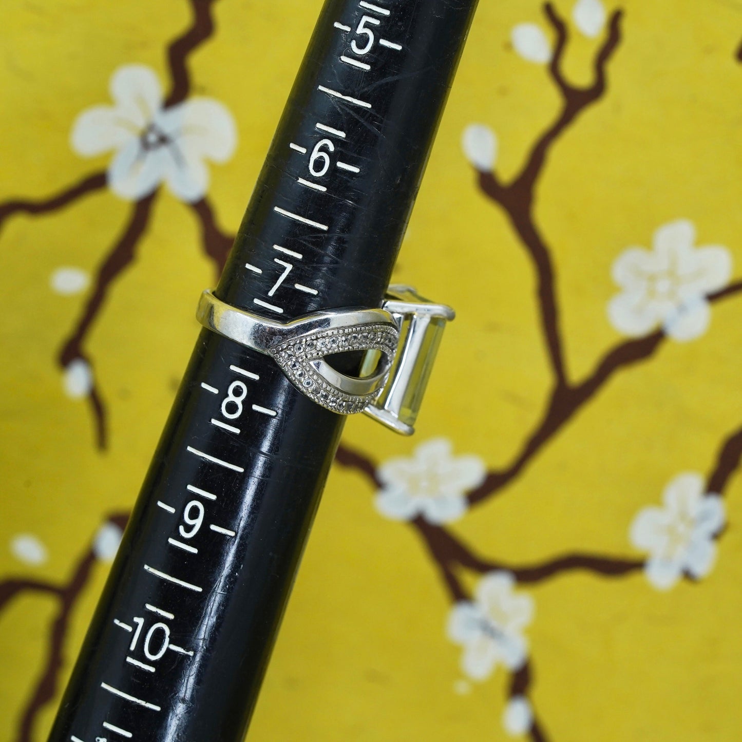 Size 7.25, vintage Sterling 925 silver ring with emerald cut blue crystal and diamond