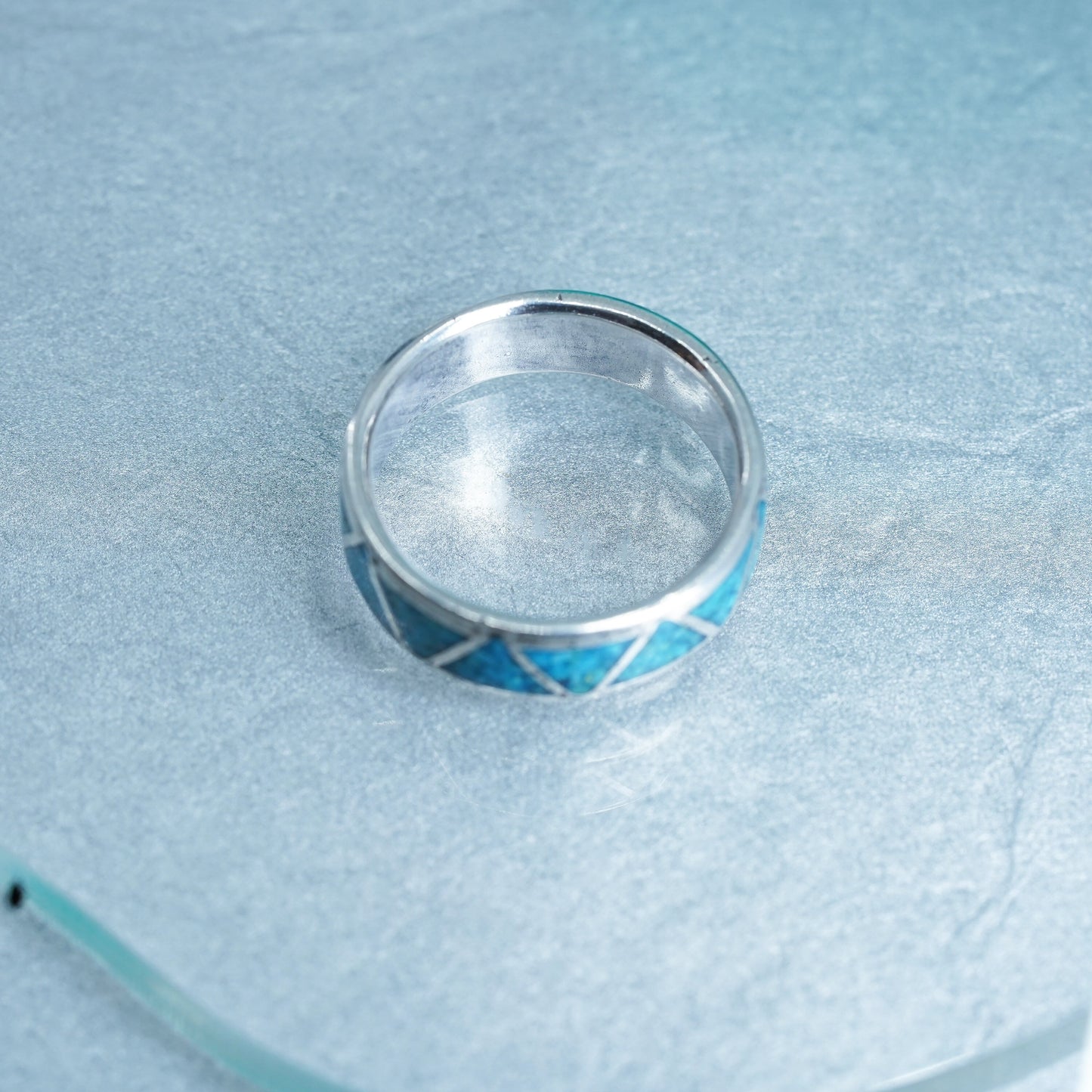 Size 11, Native American navajo Sterling 925 silver ring turquoise chips inlay