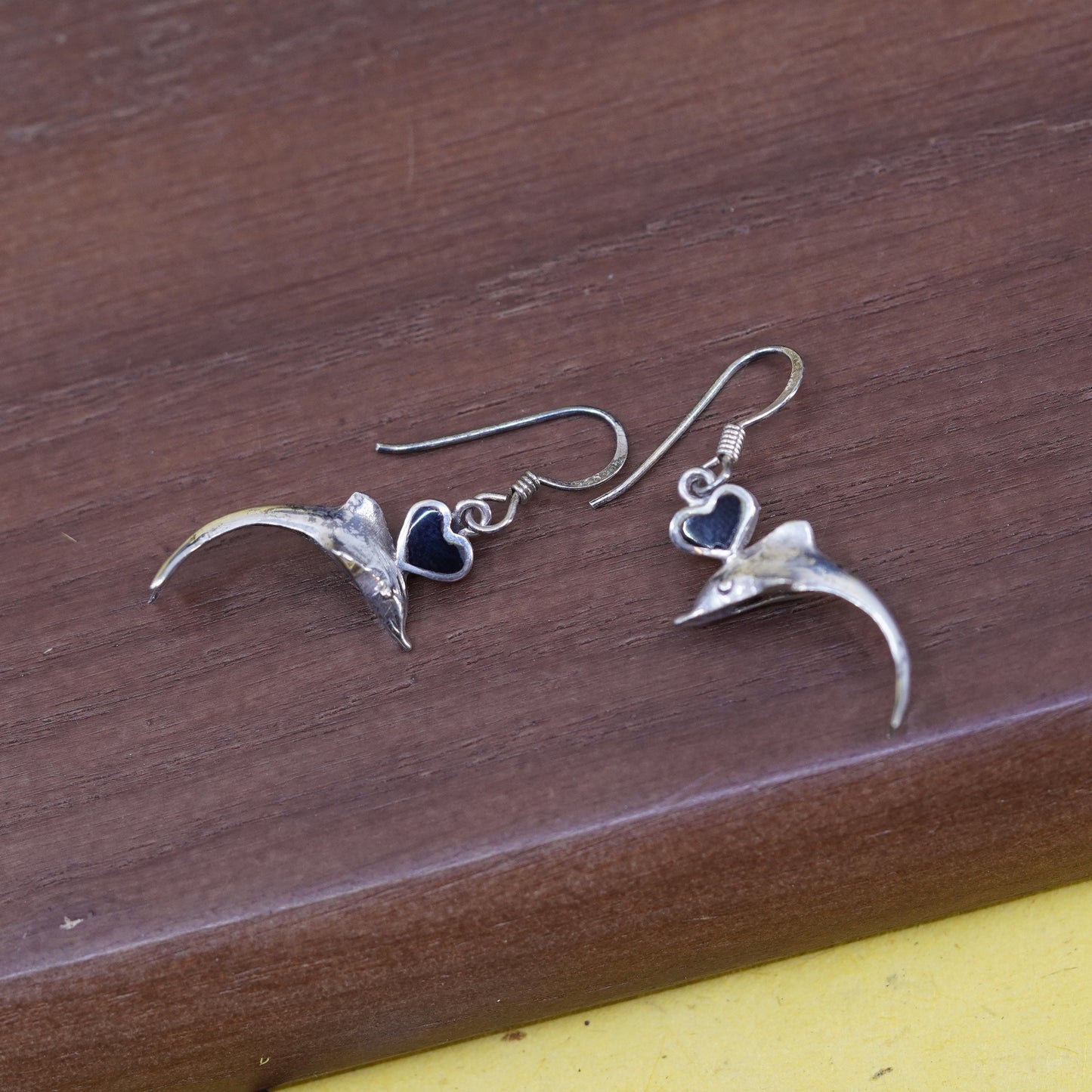 Vintage Sterling silver handmade earrings, 925 dolphin dangle w/ obsidian heart