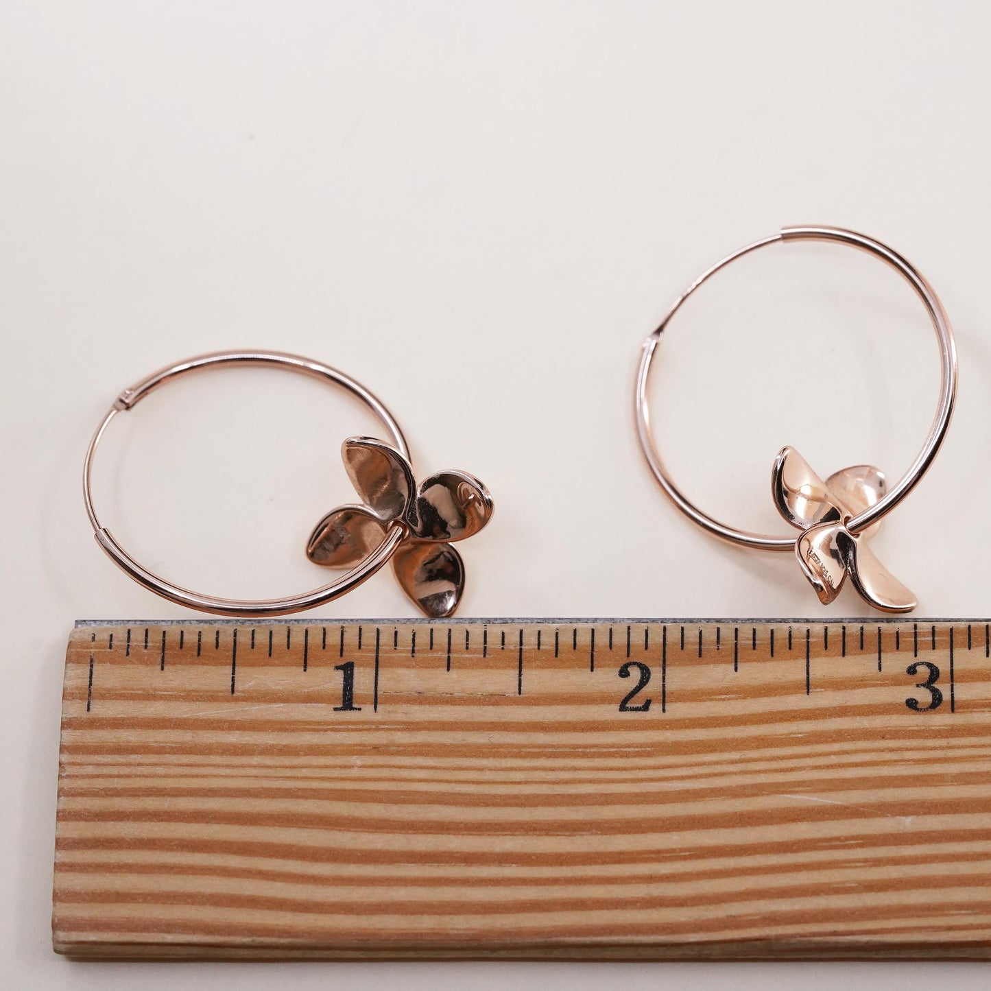 1.25", vermeil rose gold over sterling 925 silver loop earrings, hoops flower