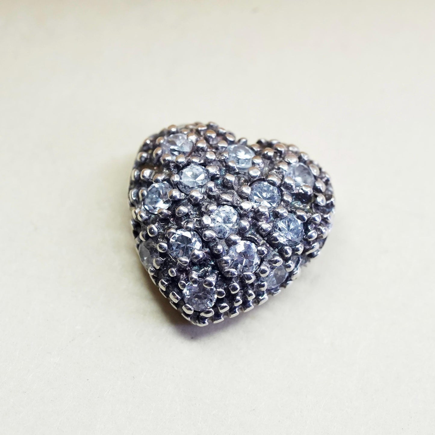Vintage sterling silver pendant, heart charm with clear Cz