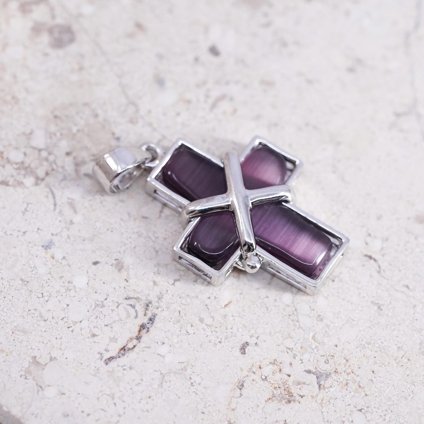 Vintage sterling silver 925 handmade pendant with purple cats eye cross
