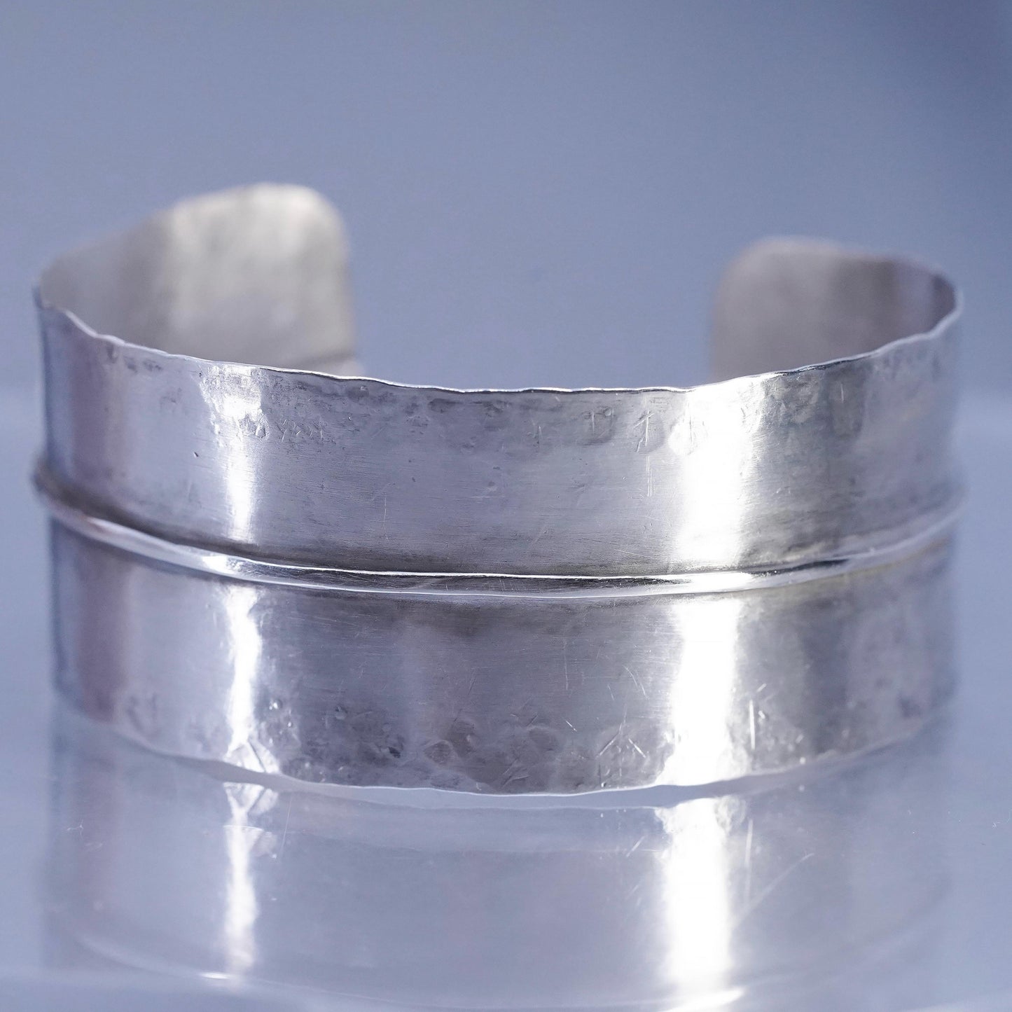 6”, VTG Mexican Sterling 925 silver handmade matte bracelet, wide ribbed cuff