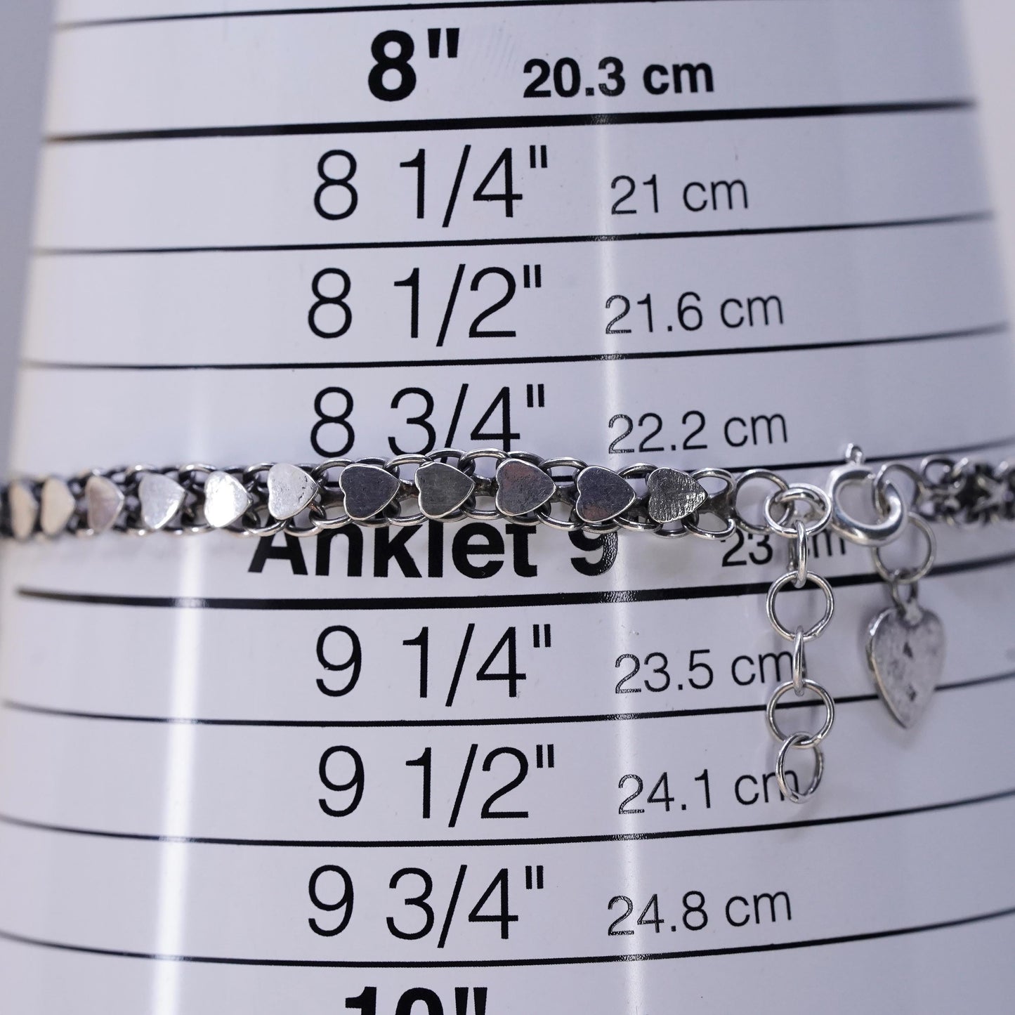 9+1”, Vintage sterling 925 silver bracelet anklet, Italy heart link chain