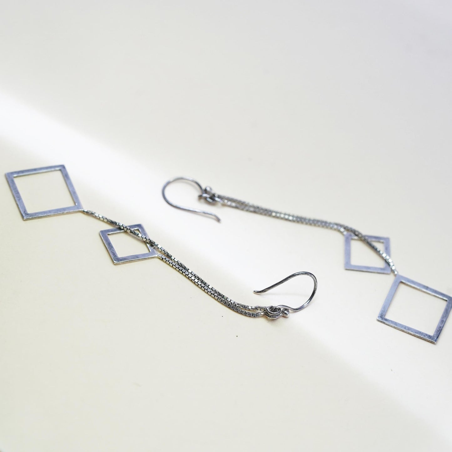 Vintage Sterling 925 silver handmade long box chain earrings w/ square dangles