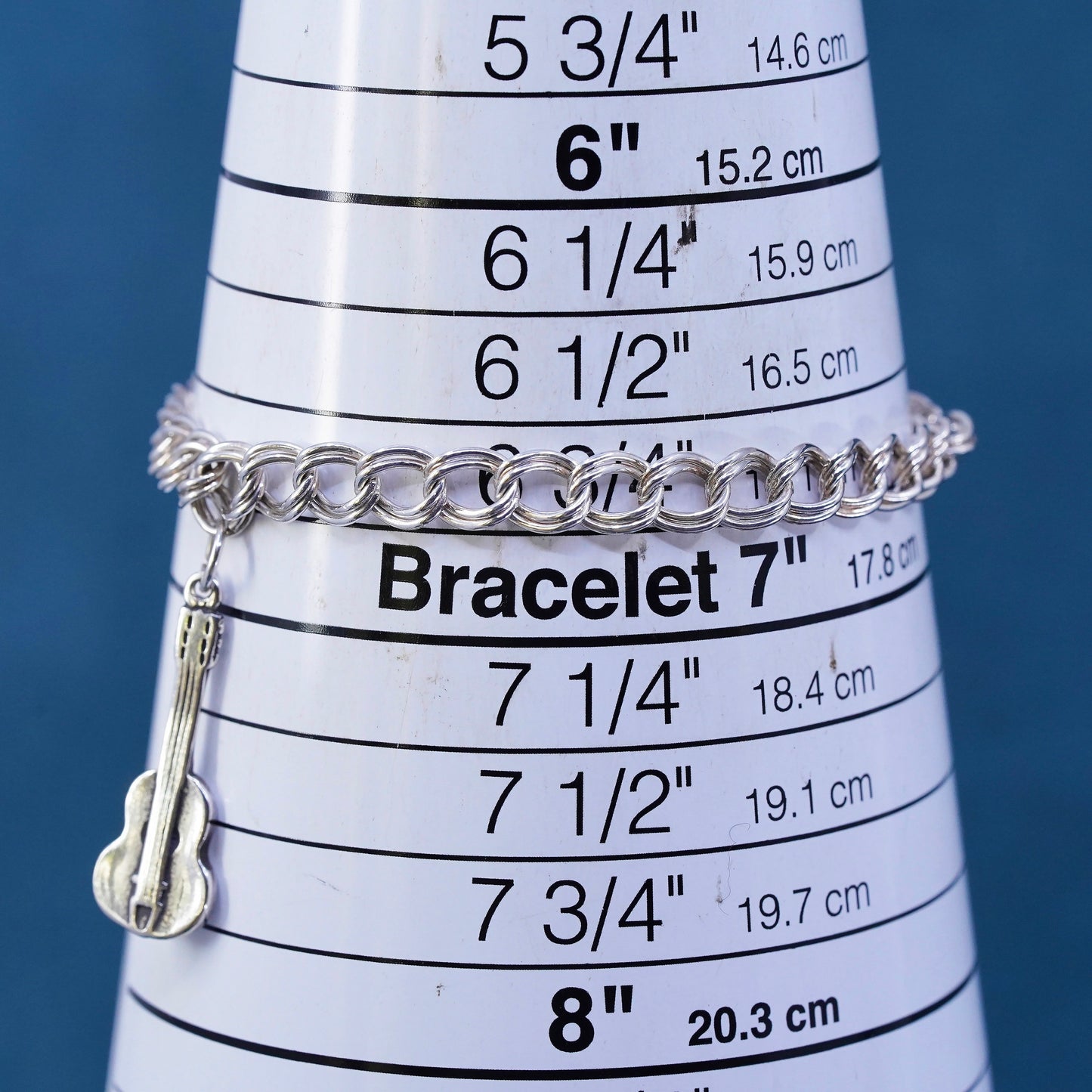 6.75", Italy Sterling silver bracelet, 925 double curb link chain guitar charm