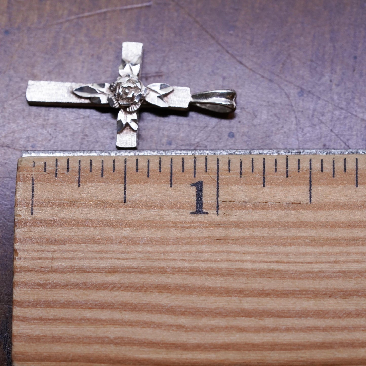 Vintage handmade Sterling silver pendant, 925 cross charm with rose flower
