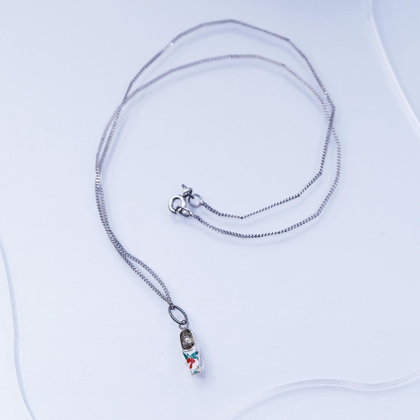 16”, VTG Sterling 925 silver curb necklace enamel holland shoe charm pendant