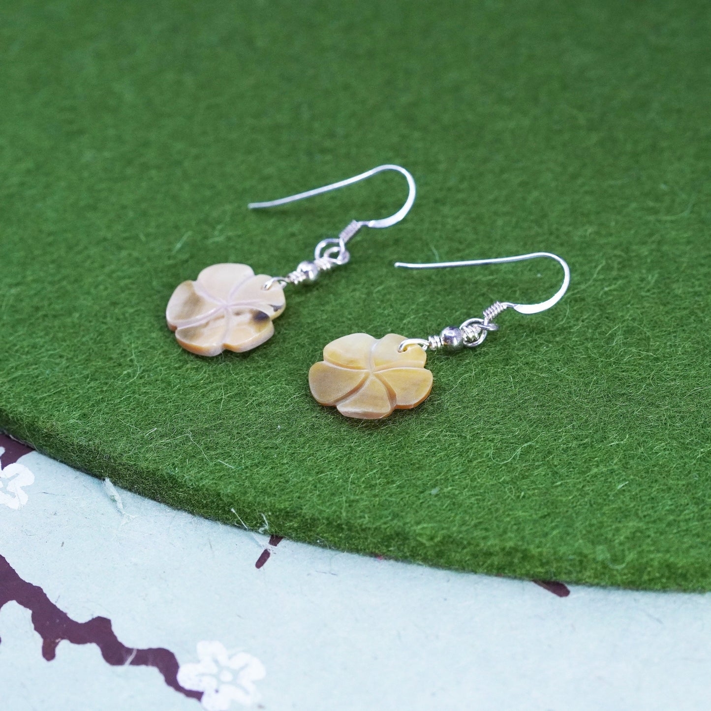 Vintage Sterling silver 925 handmade earrings w/ mother of pearl flower dangles