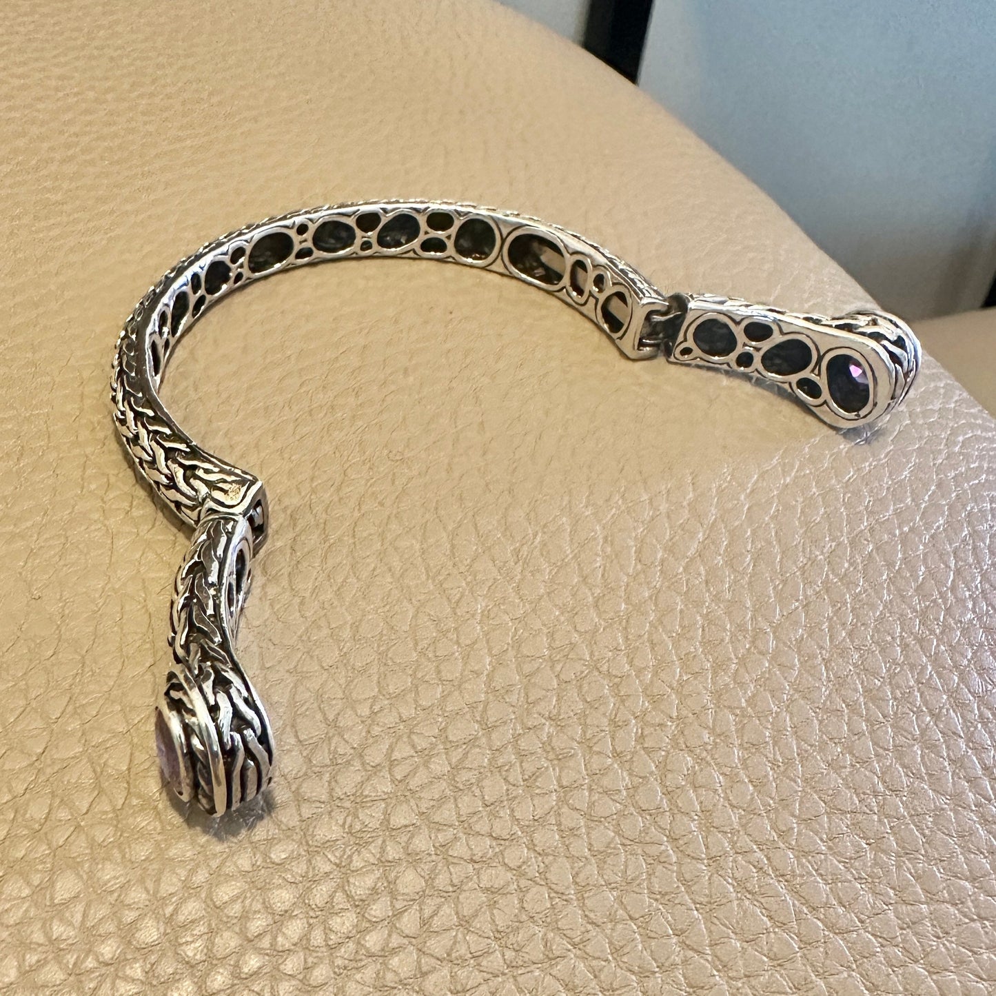 6.5”, sterling silver handmade bracelet, 925 cable cuff with amethyst ends