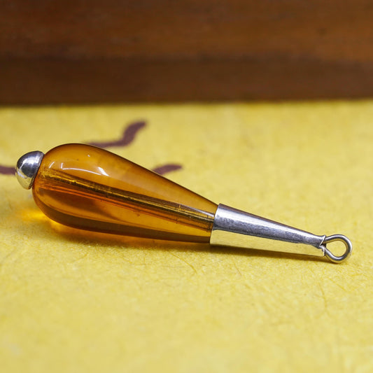 Vintage Sterling 925 silver handmade teardrop charm pendant with amber