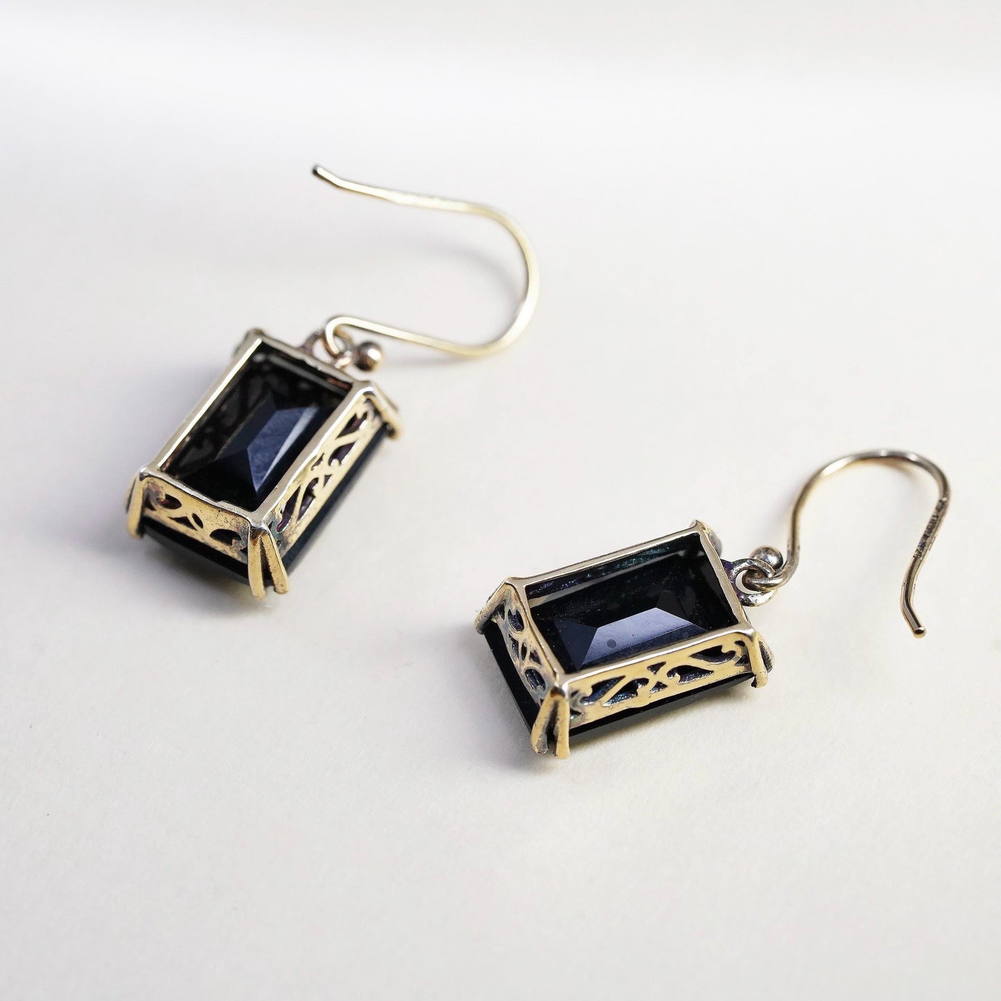 Vintage vermeil gold plated sterling 925 silver earrings checkerboard cut onyx