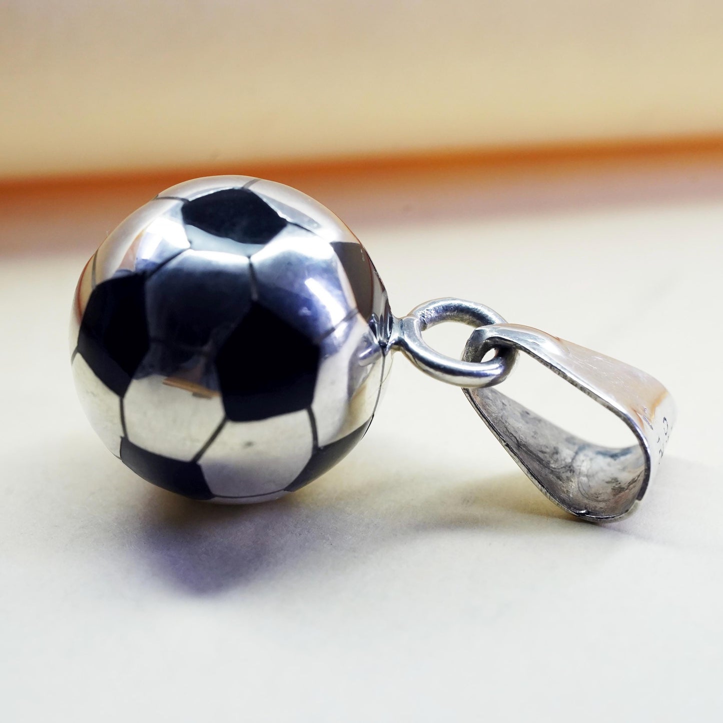 Mexican sterling silver pendant, 925 silver football soccer charm black enamel