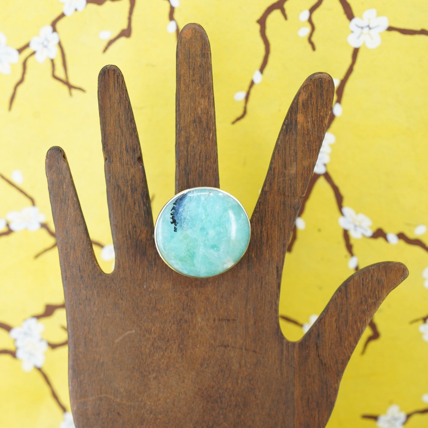Size adjustable, vintage Sterling 925 silver handmade ring huge round larimar