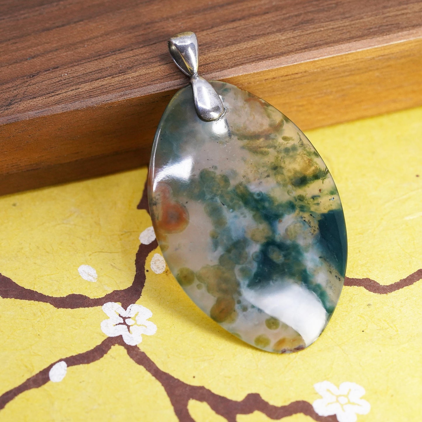 Southwestern Sterling 925 silver handmade oval pendant with moss agate