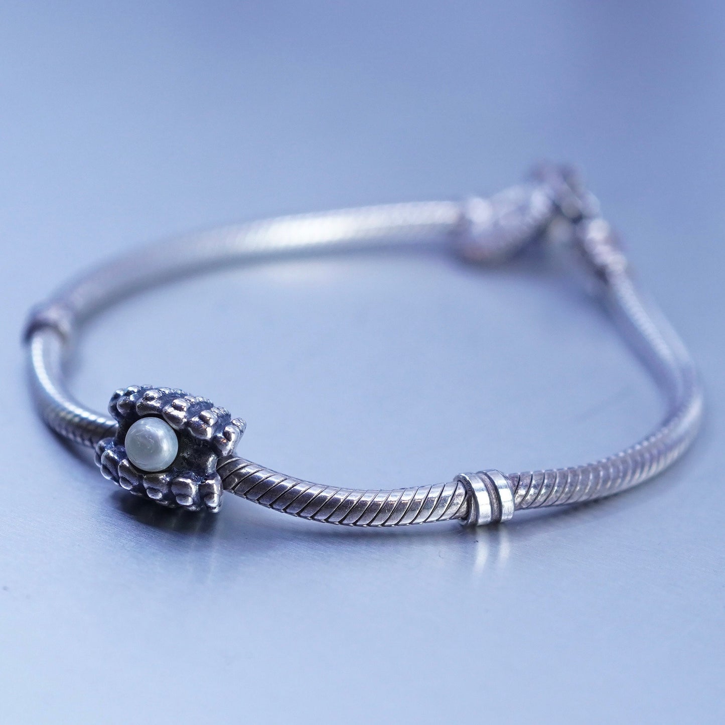 7”, Pandora Sterling 925 silver bracelet, bold snake link chain w/ pearl shell